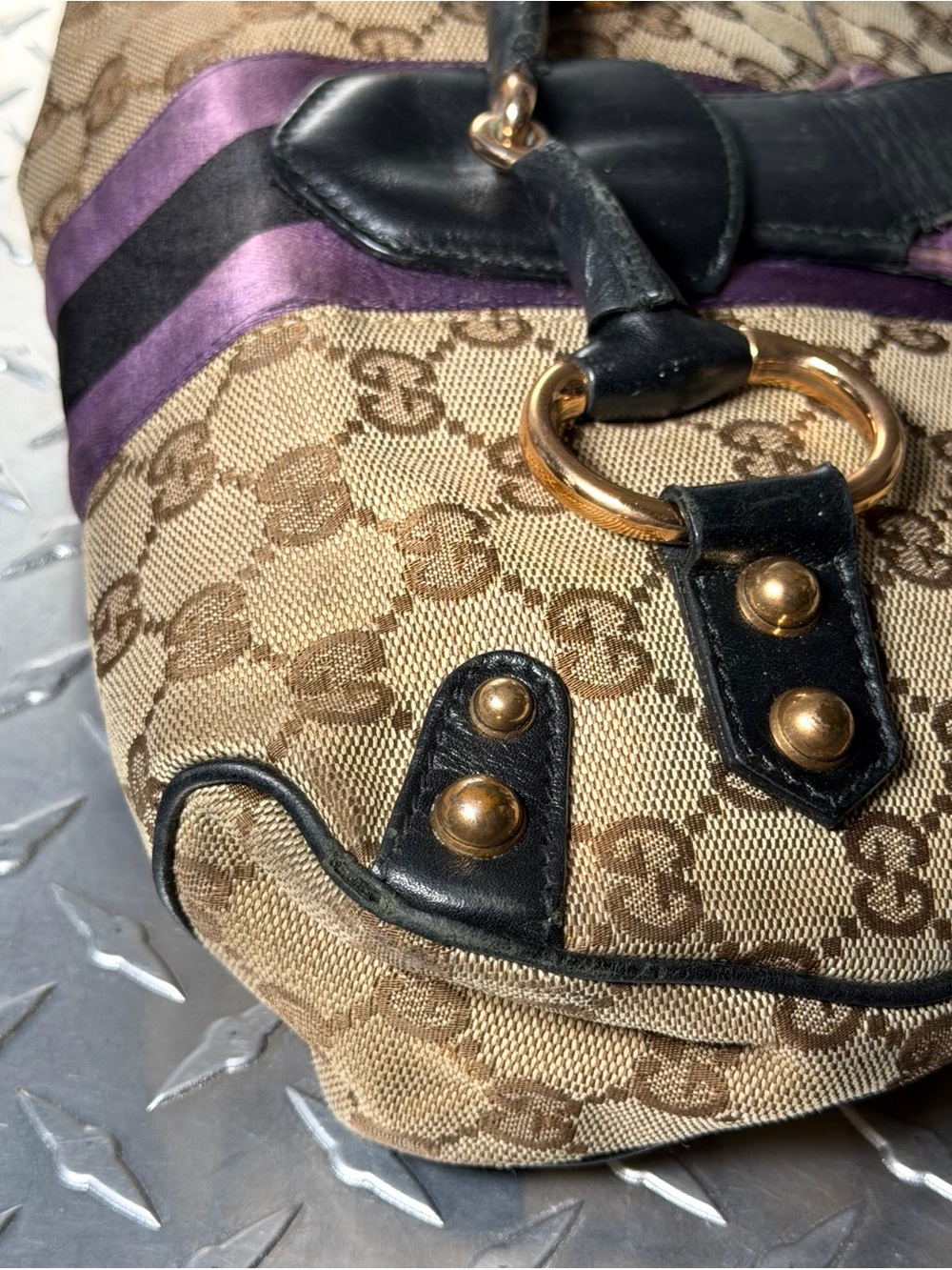 Gucci Vintage 1955 Horsebit Canvas GG Shoulder Bag in Brown/Purple - Picture 5 of 11